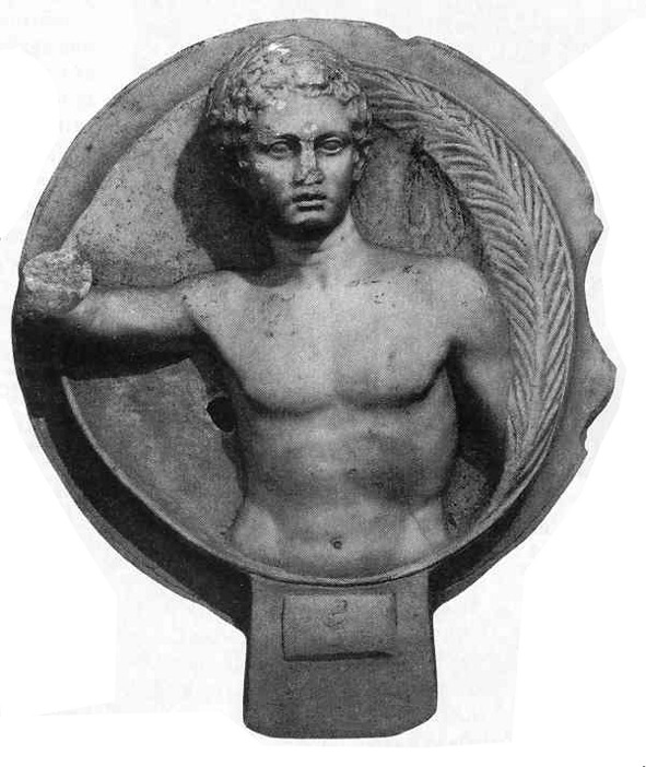 Egy atléta emlékműve vagy halotti tondója (kör alakú alkotás) koszorúval és pálmaággal. A tárgyat Tarsus közelében találták és a Római Birodalom idejéből való (kb. Kr. u. 125-ből)